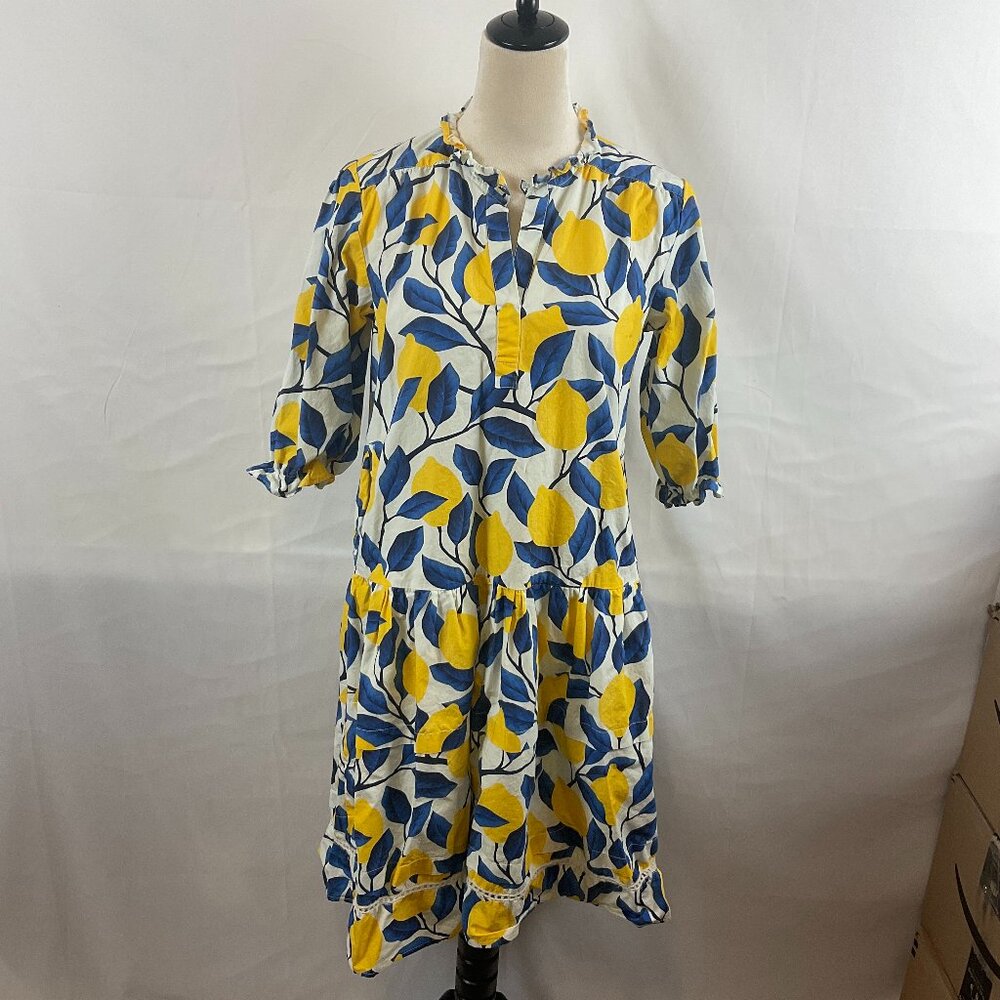 Maude Vivante Dress S White Blue Yellow Leaf Print Ruffle Details 3/4 Sleeve